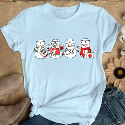 Christmas Nurse Snowman Cotton Nurse T-shirt
