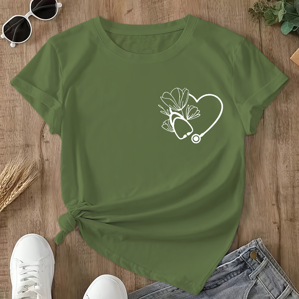 Heart Stethoscope Inspire Love Heal Double-Sided Cotton Printed T-Shirt