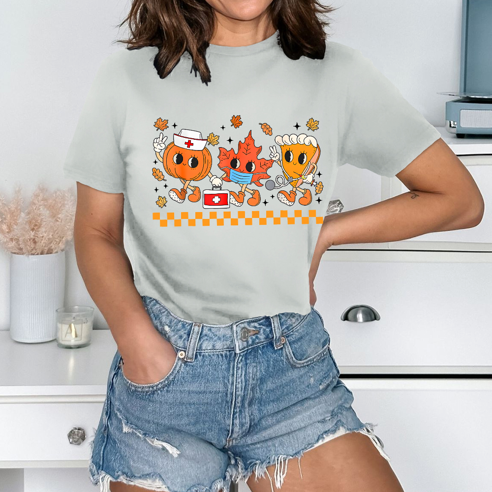 Nurse Pumpkin Leaves Fall Thanksgiving Cotton Nurse T-shirt