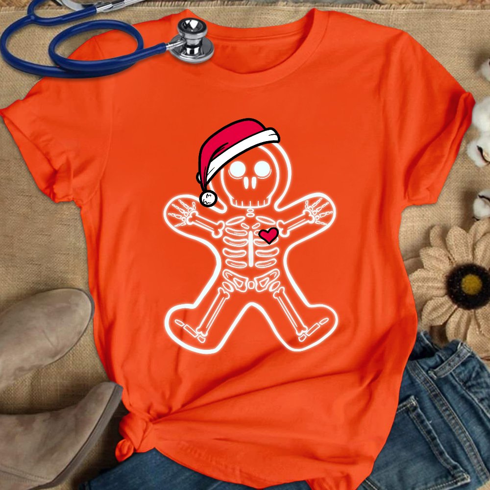 Christmas Gingerbread Man X-Ray Cookie Skeleton Wearing A Santa Hat Classic Cotton Nurse T-shirt