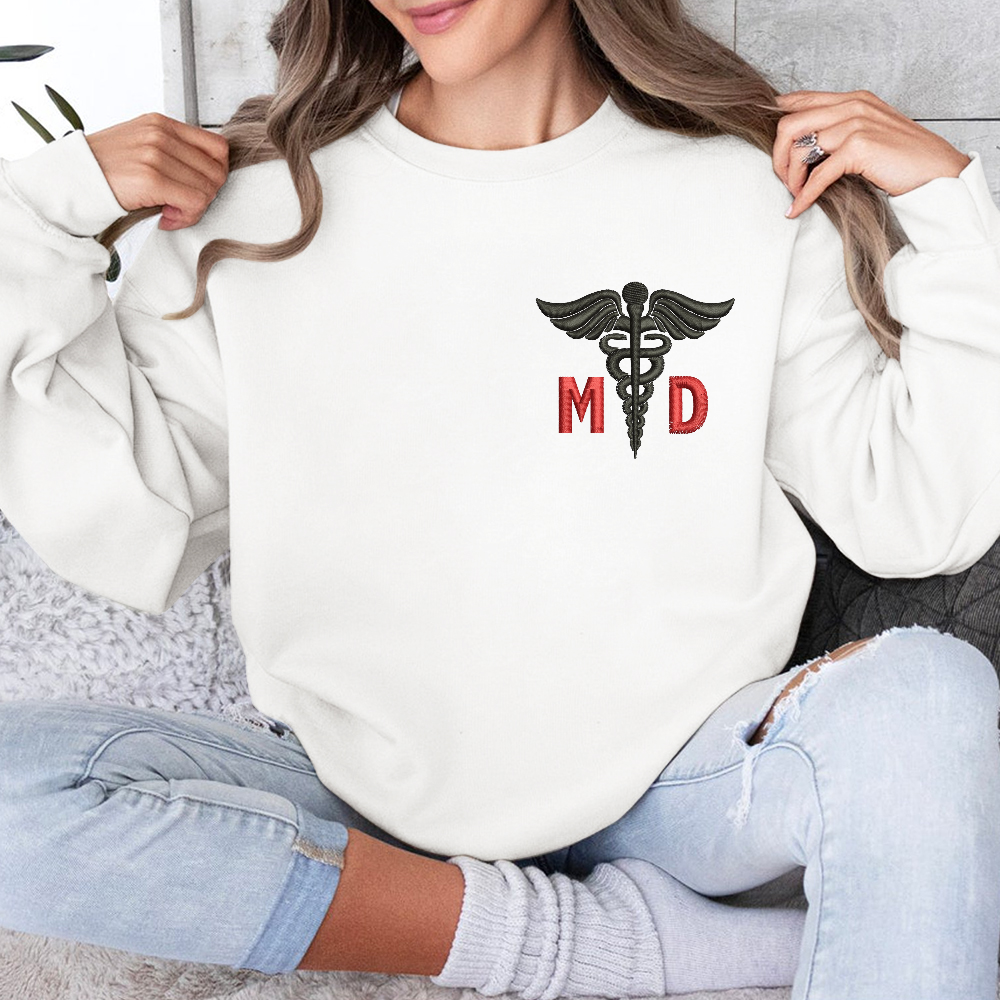 Personalized Doctor of Medicine Medical Symbol Embroidered Crew Neck Sweatshirt