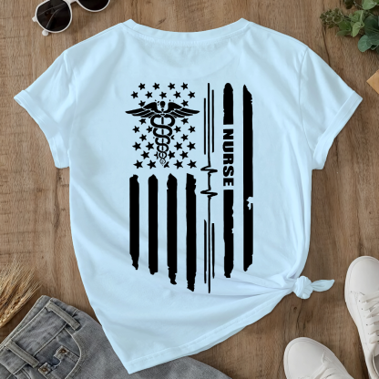 Rn Registered Nursing Nurse Healthcare Ekg Flag Double-Sided Cotton Printed T-Shirt