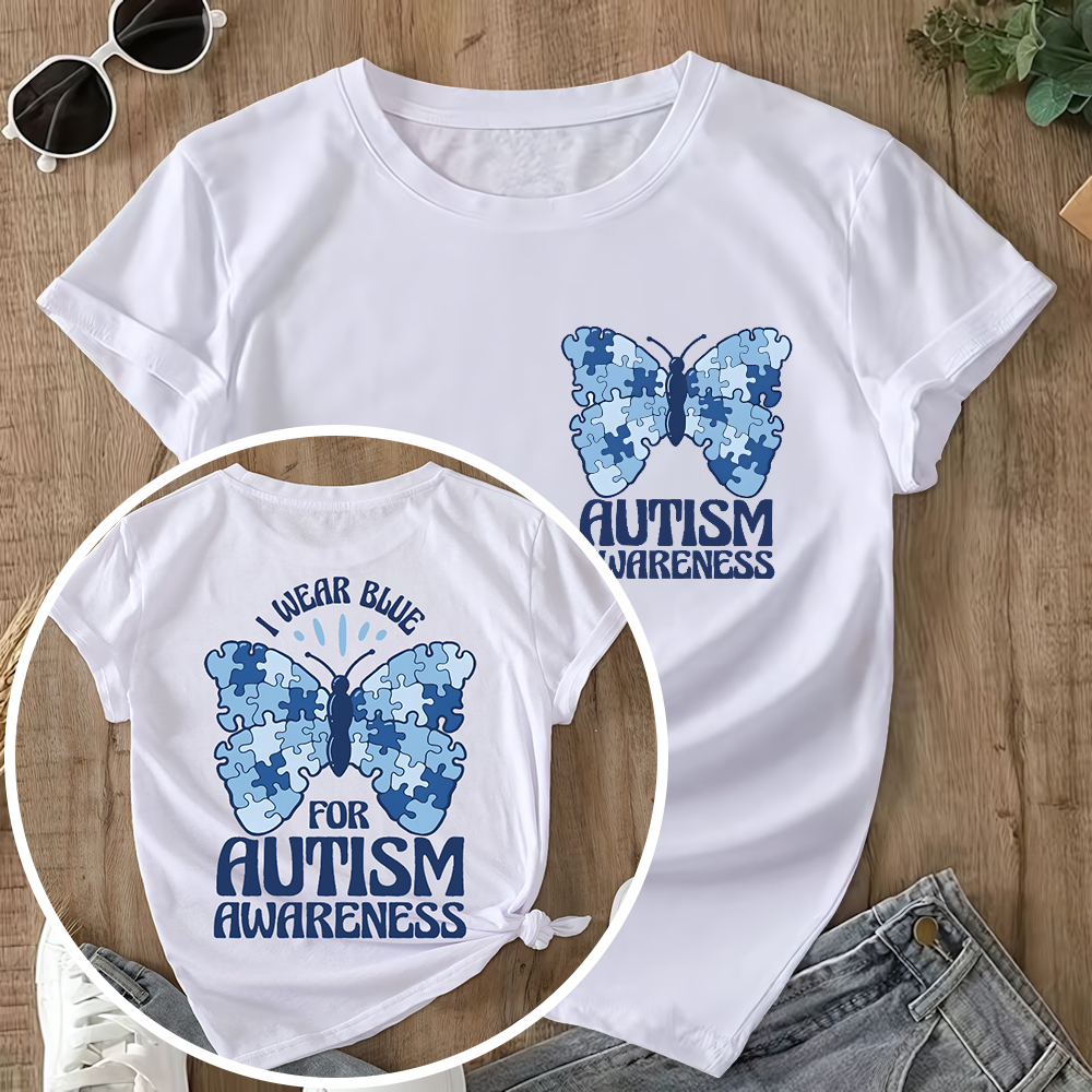 I Wear Blue For Autism Awareness Double-Sided Cotton Printed T-Shirt