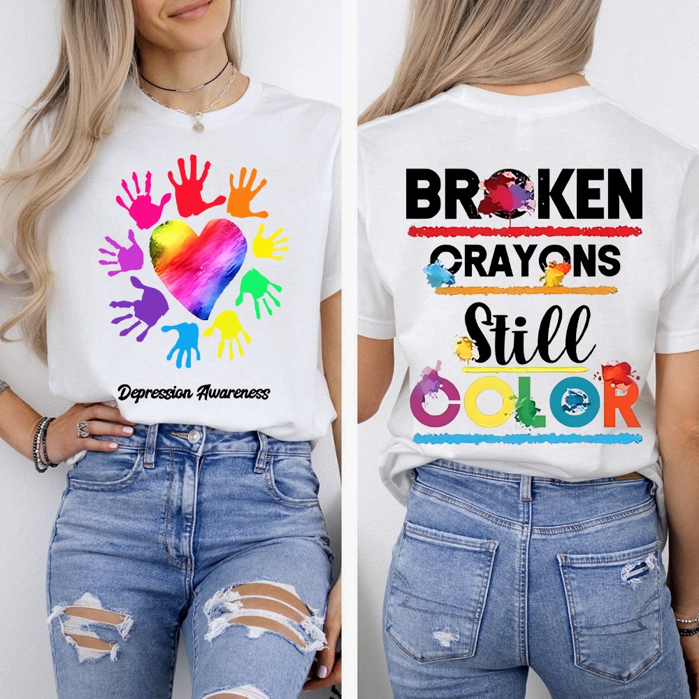 Depression Awareness Broken Crayons Still Color Double-Sided Cotton Printed T-Shirt