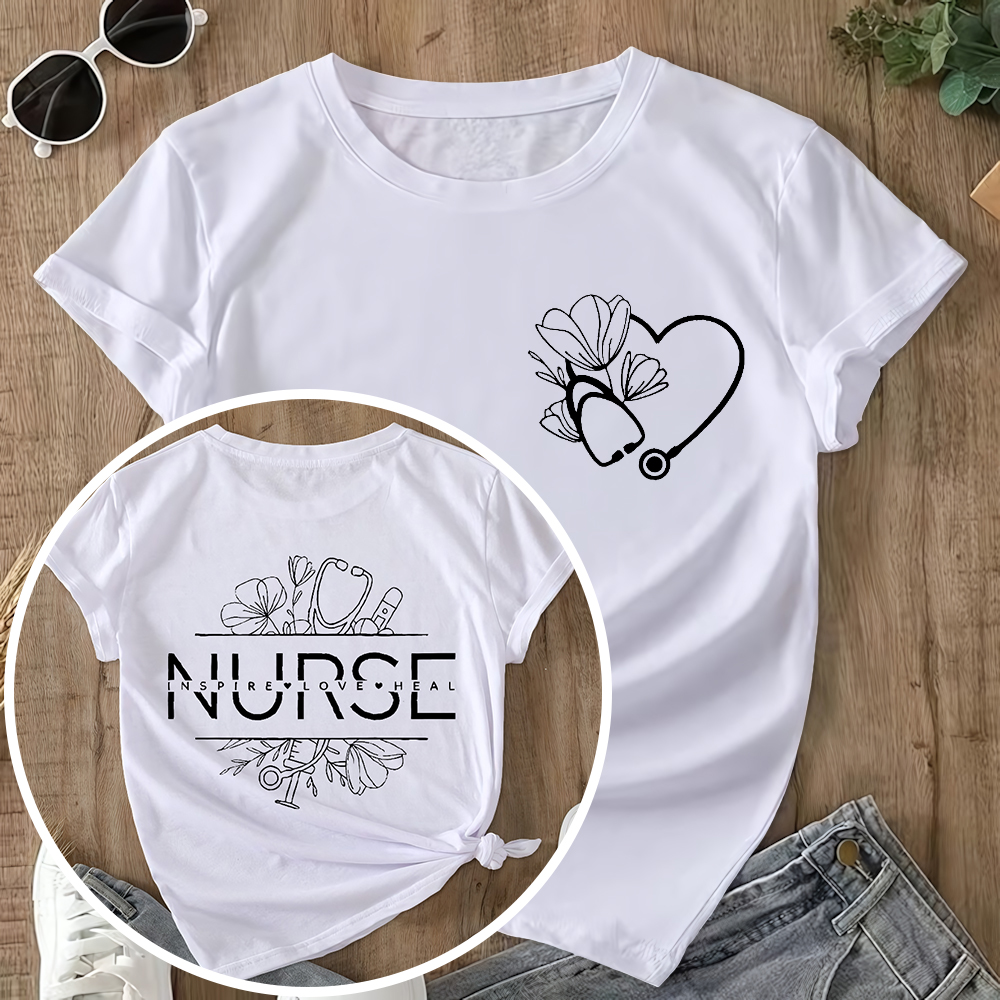 Heart Stethoscope Inspire Love Heal Double-Sided Cotton Printed T-Shirt