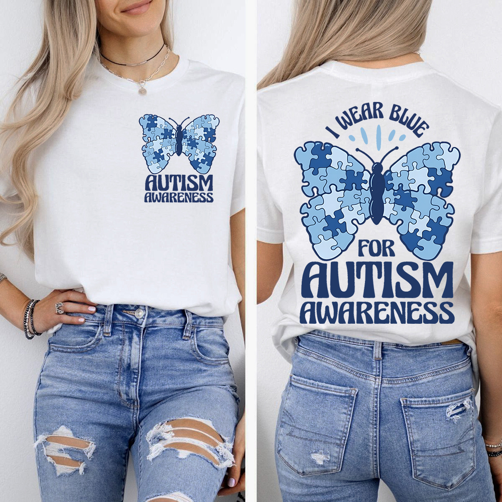 I Wear Blue For Autism Awareness Double-Sided Cotton Printed T-Shirt