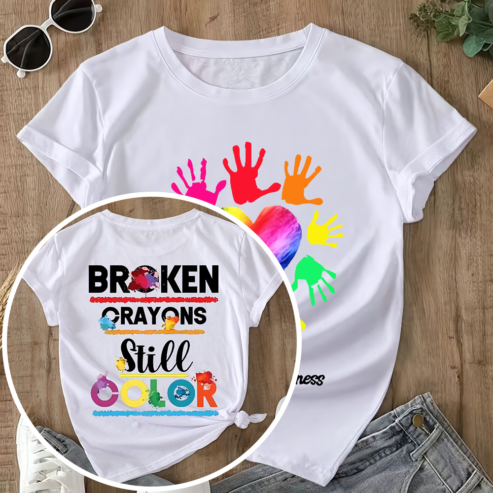Depression Awareness Broken Crayons Still Color Double-Sided Cotton Printed T-Shirt