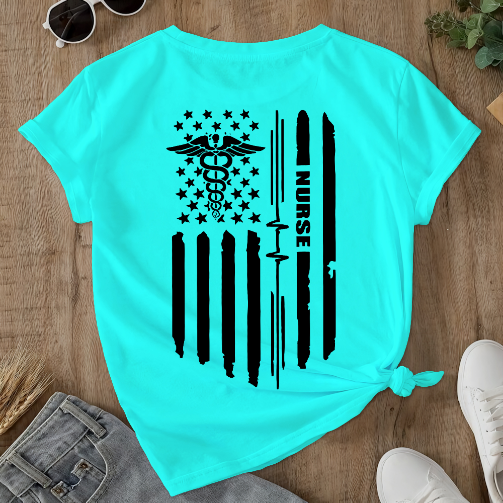 Rn Registered Nursing Nurse Healthcare Ekg Flag Double-Sided Cotton Printed T-Shirt
