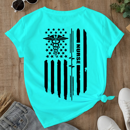 Rn Registered Nursing Nurse Healthcare Ekg Flag Double-Sided Cotton Printed T-Shirt