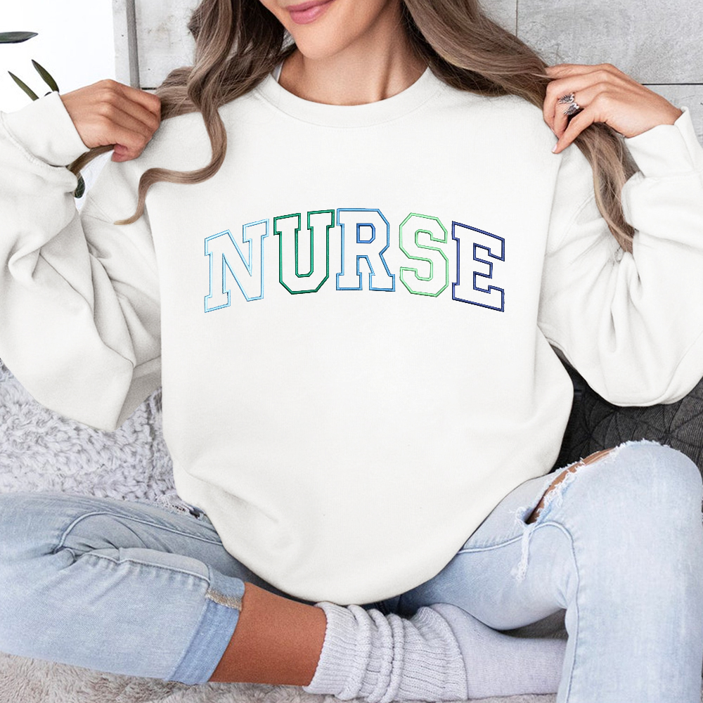 Personalized Embroidered Nurse Text Print Embroidered Crew Neck Sweatshirt