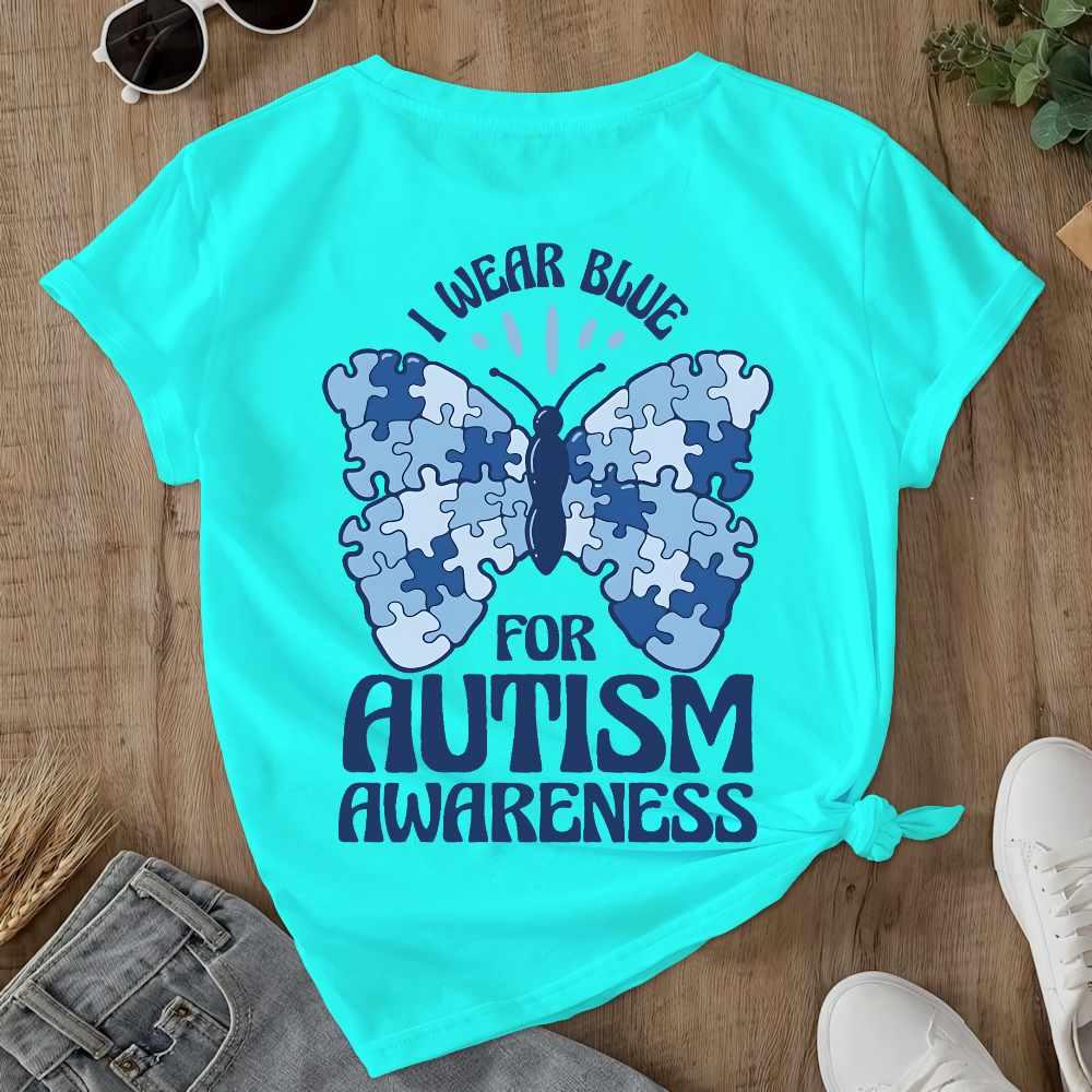 I Wear Blue For Autism Awareness Double-Sided Cotton Printed T-Shirt