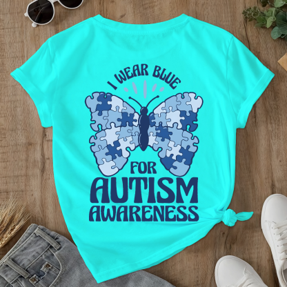 I Wear Blue For Autism Awareness Double-Sided Cotton Printed T-Shirt