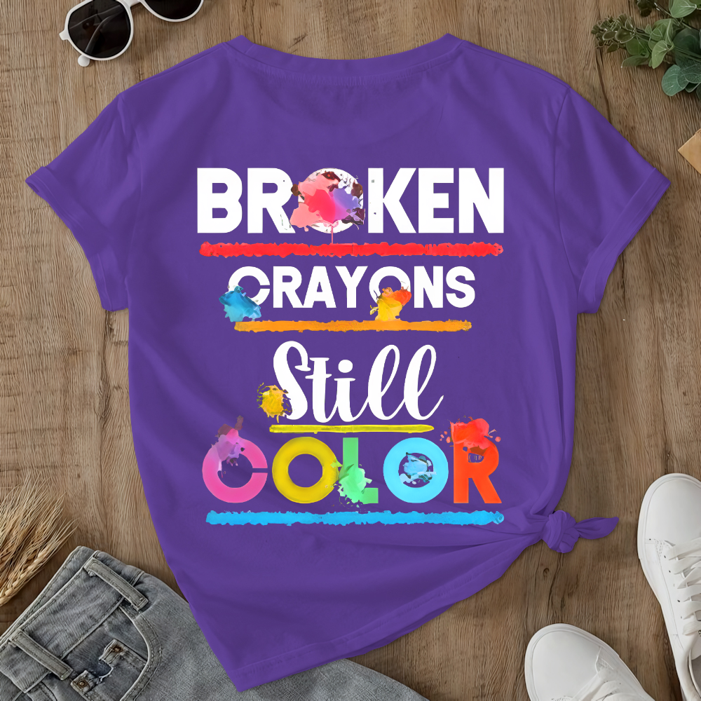 Depression Awareness Broken Crayons Still Color Double-Sided Cotton Printed T-Shirt