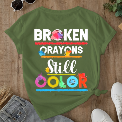 Depression Awareness Broken Crayons Still Color Double-Sided Cotton Printed T-Shirt