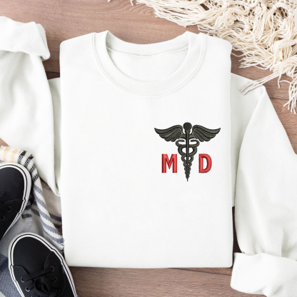 Personalized Doctor of Medicine Medical Symbol Embroidered Crew Neck Sweatshirt