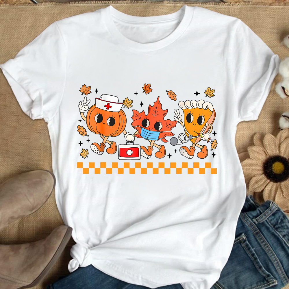 Nurse Pumpkin Leaves Fall Thanksgiving Cotton Nurse T-shirt