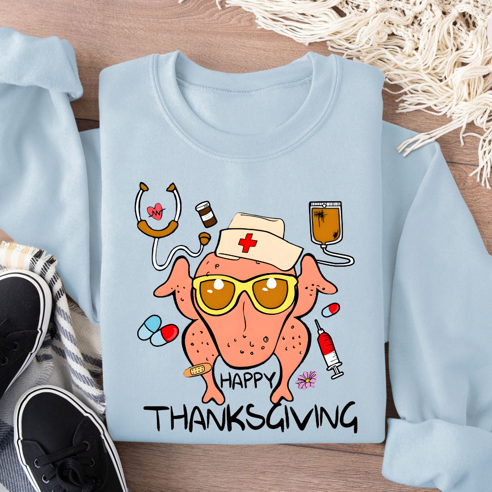 Happy Thanksgiving Turkey Nurse Cotton Pullover Sweatshirt