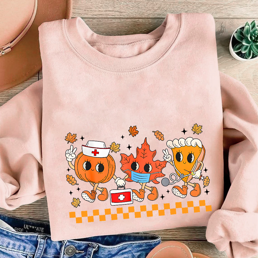 Nurse Pumpkin Leaves Fall Thanksgiving Cotton Pullover Sweatshirt