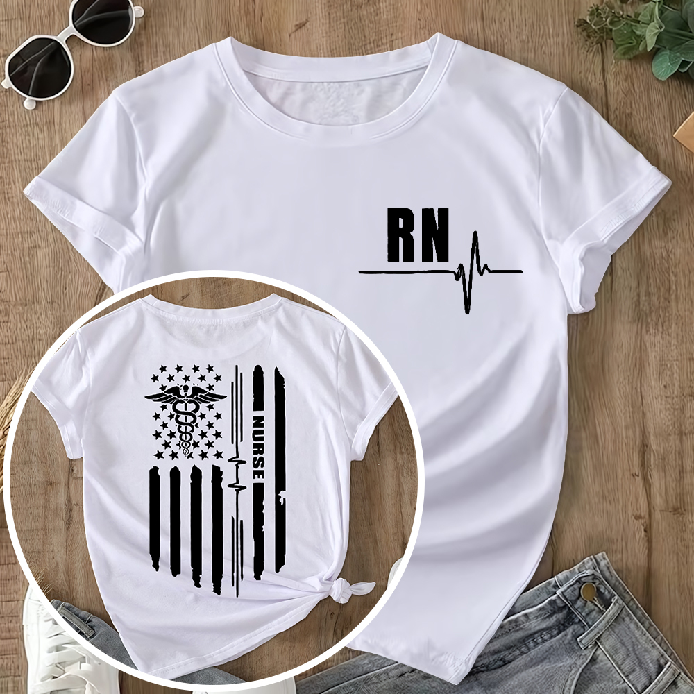 Rn Registered Nursing Nurse Healthcare Ekg Flag Double-Sided Cotton Printed T-Shirt