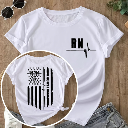 Rn Registered Nursing Nurse Healthcare Ekg Flag Double-Sided Cotton Printed T-Shirt