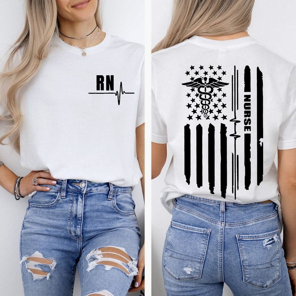 Rn Registered Nursing Nurse Healthcare Ekg Flag Double-Sided Cotton Printed T-Shirt