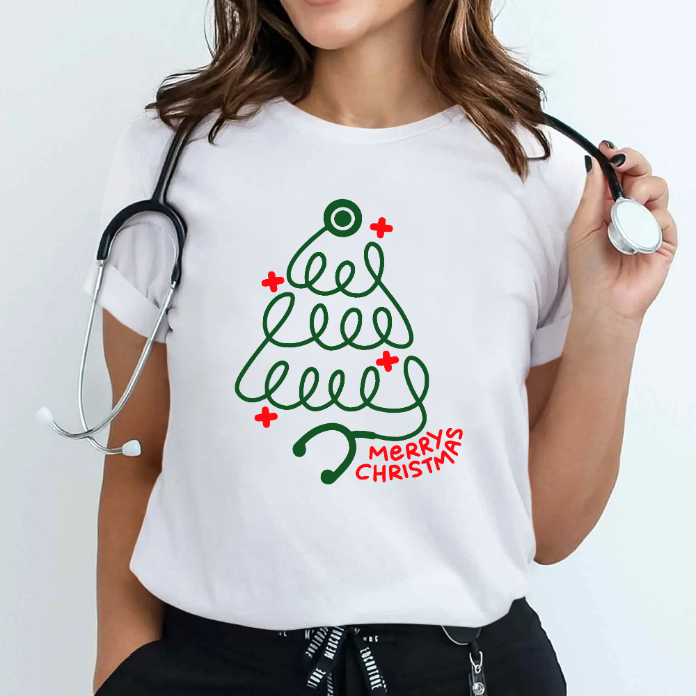 Merry Christmas Stethoscope Cotton Nurse T-shirt
