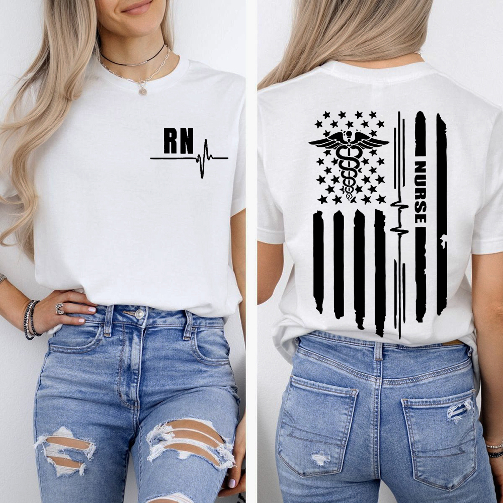 Rn Registered Nursing Nurse Healthcare Ekg Flag Double-Sided Cotton Printed T-Shirt