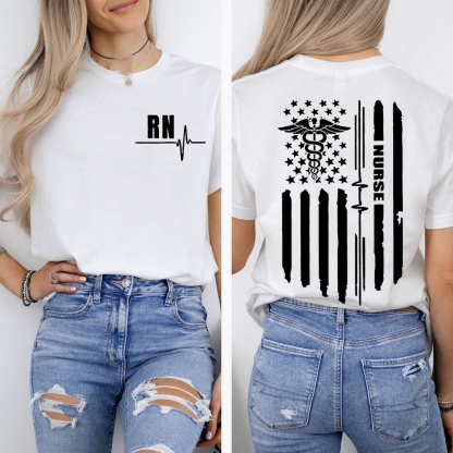 Rn Registered Nursing Nurse Healthcare Ekg Flag Double-Sided Cotton Printed T-Shirt