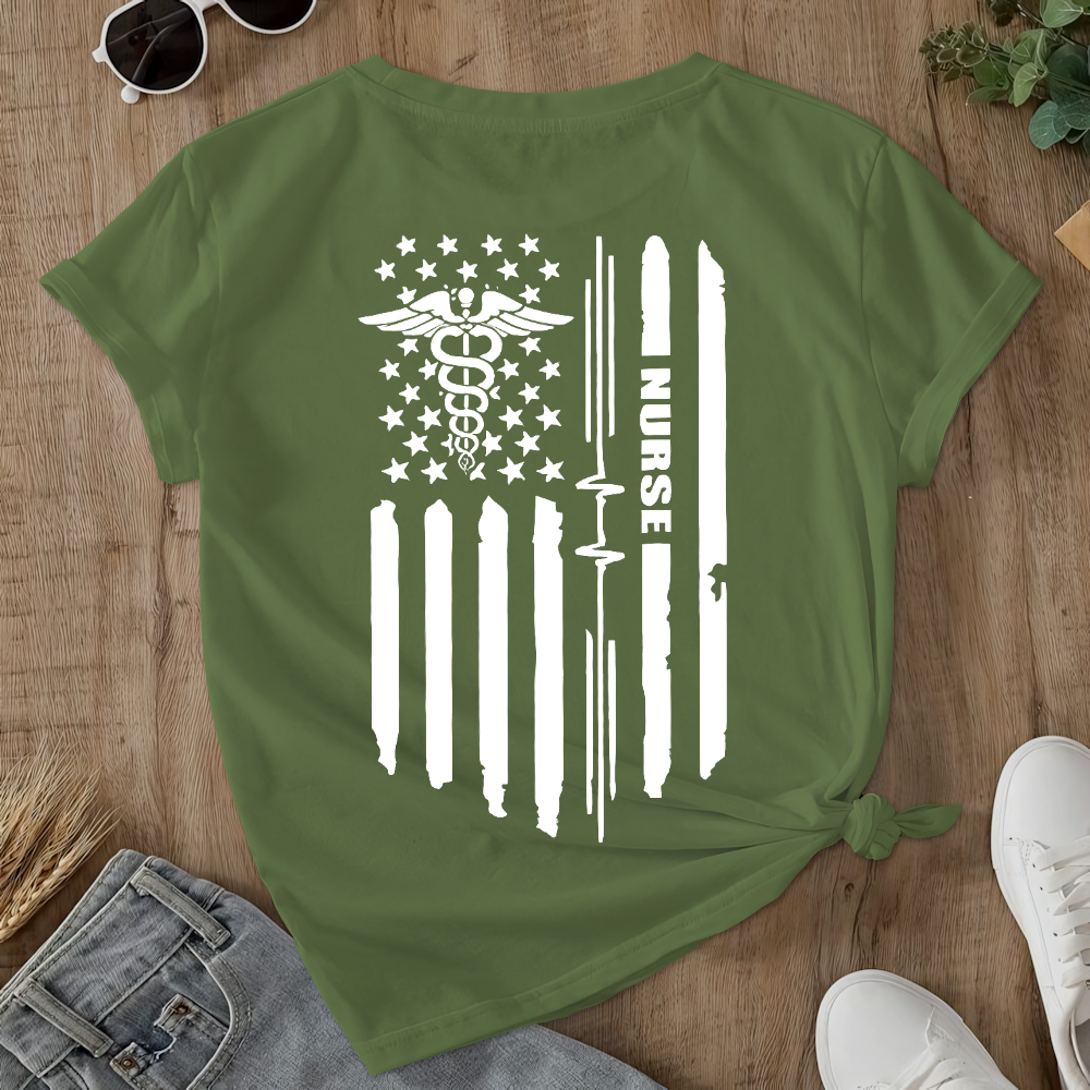 Rn Registered Nursing Nurse Healthcare Ekg Flag Double-Sided Cotton Printed T-Shirt