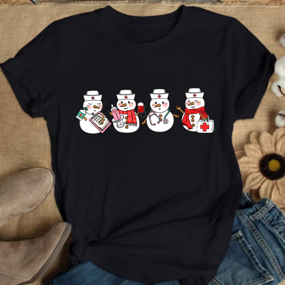 Christmas Nurse Snowman Cotton Nurse T-shirt