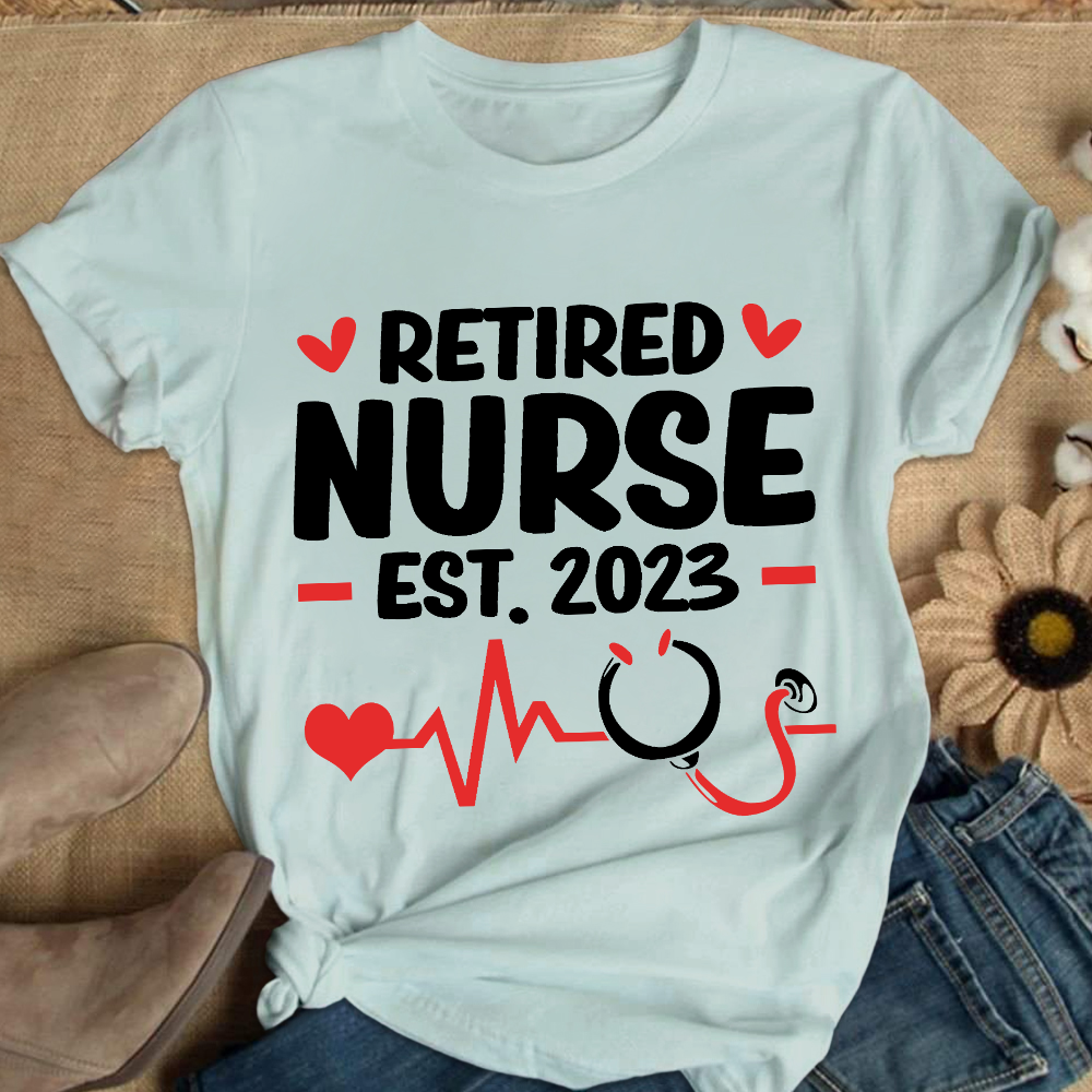 Personalized Nurse Stethoscope Heartbeat Retired 2023 Cotton Nurse T-shirt