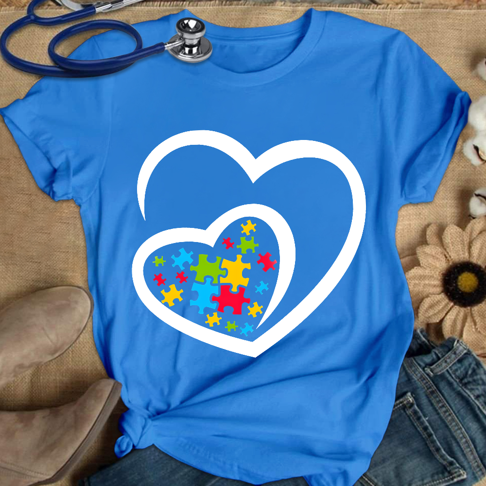 Love Ribbon Heart Puzzle Autism Awareness Cotton Nurse T-shirt