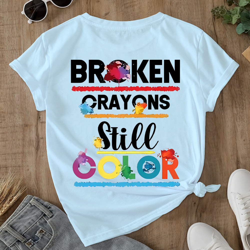 Depression Awareness Broken Crayons Still Color Double-Sided Cotton Printed T-Shirt