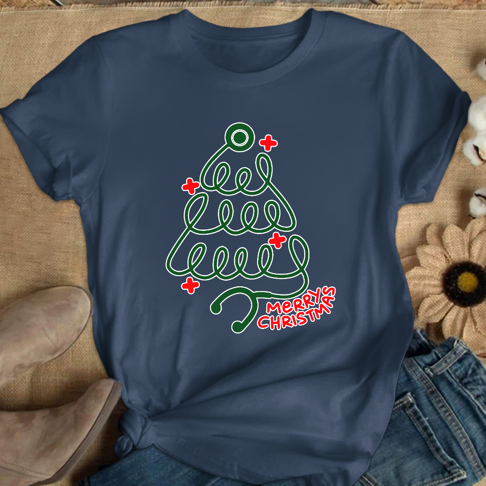 Merry Christmas Stethoscope Cotton Nurse T-shirt