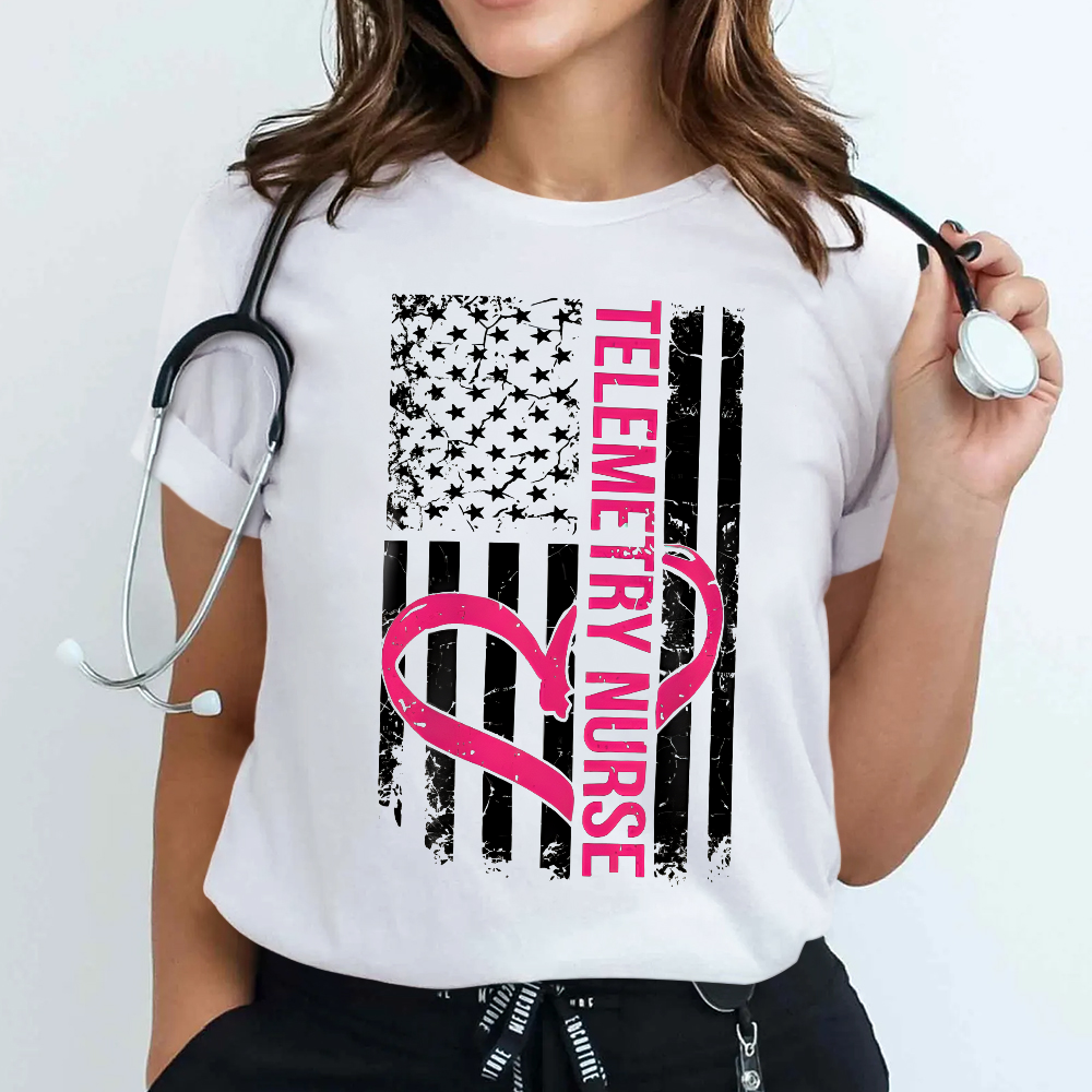 Telemetry Nurse Flag Cotton Nurse T-shirt