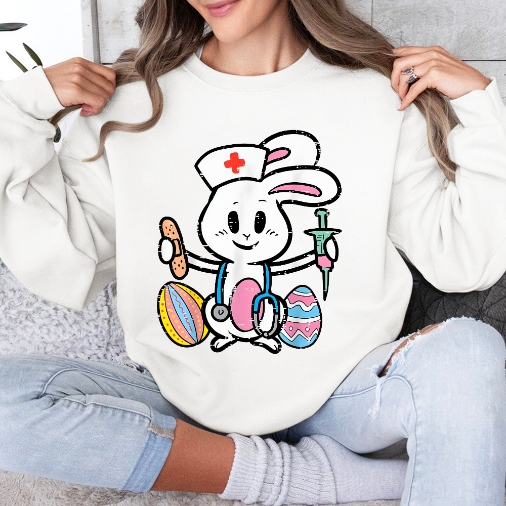 Easter Bunny Nurse Stethoscope Cute Rabbit Cotton Pullover Sweatshirt