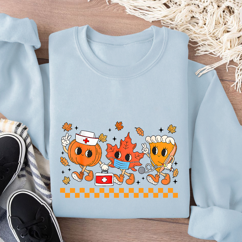 Nurse Pumpkin Leaves Fall Thanksgiving Cotton Pullover Sweatshirt