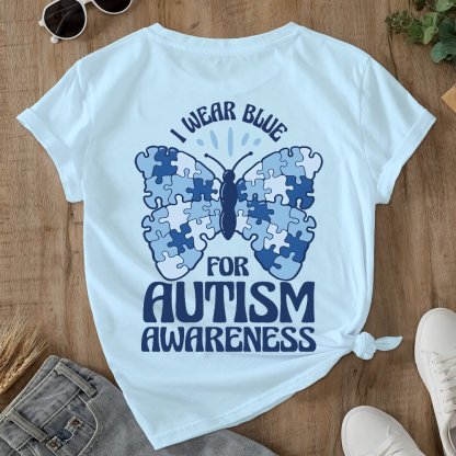 I Wear Blue For Autism Awareness Double-Sided Cotton Printed T-Shirt
