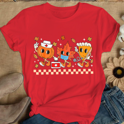Nurse Pumpkin Leaves Fall Thanksgiving Cotton Nurse T-shirt