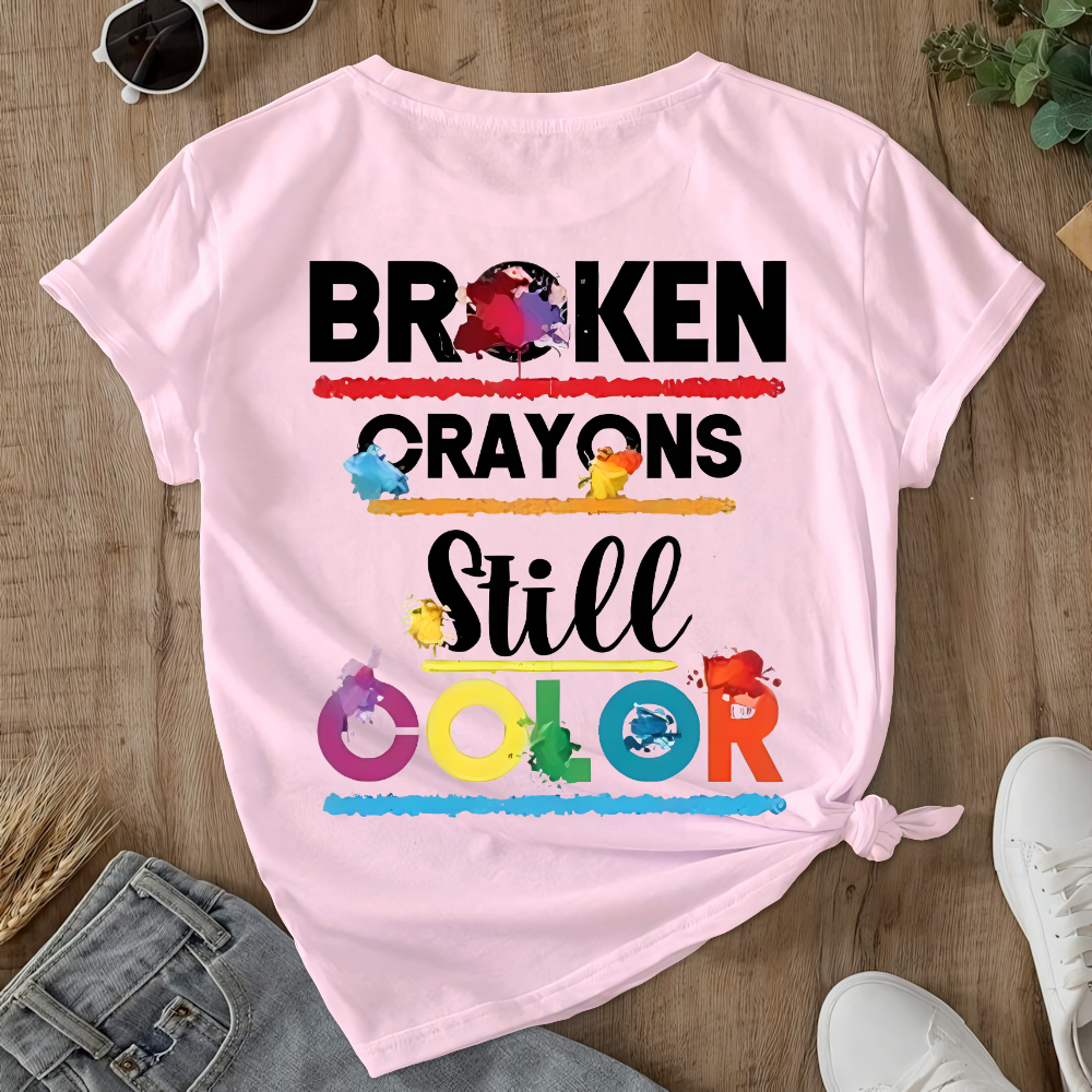 Depression Awareness Broken Crayons Still Color Double-Sided Cotton Printed T-Shirt