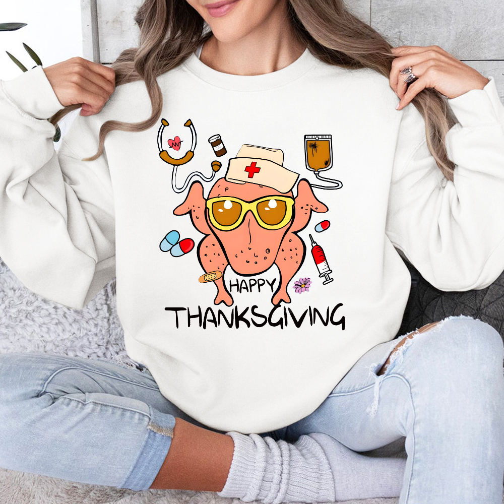 Happy Thanksgiving Turkey Nurse Cotton Pullover Sweatshirt
