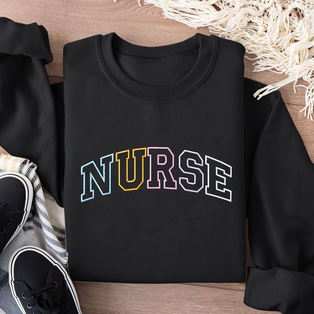 Personalized Embroidered Nurse Text Print Embroidered Crew Neck Sweatshirt