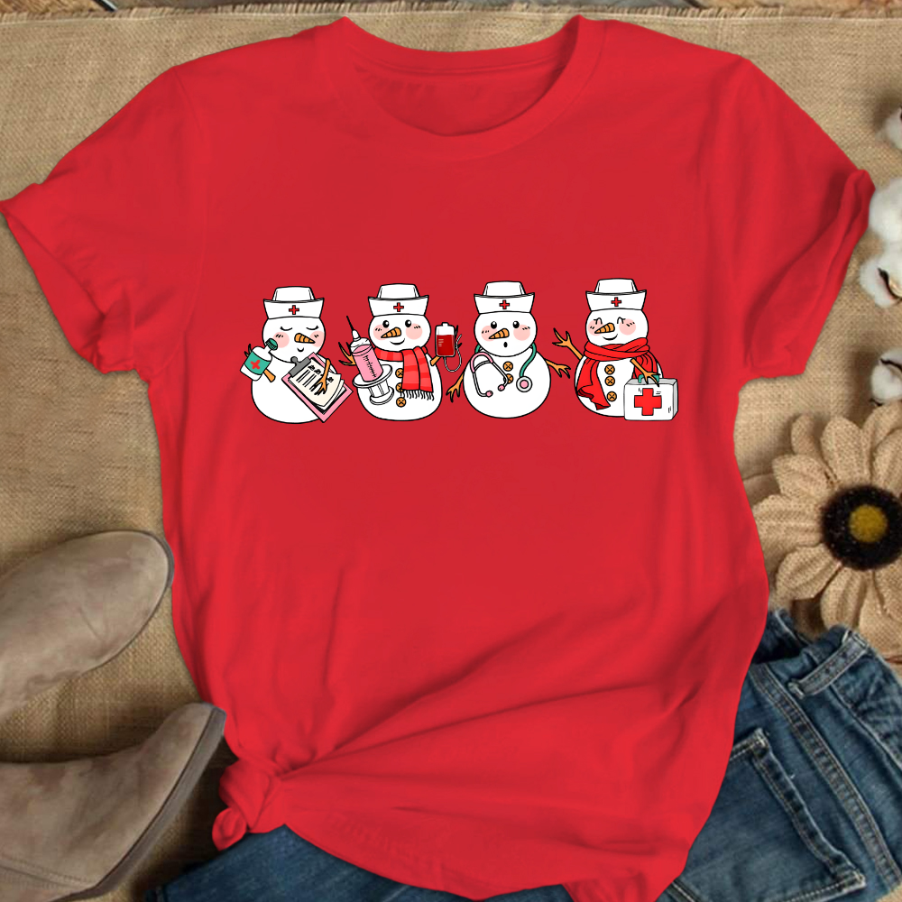 Christmas Nurse Snowman Cotton Nurse T-shirt