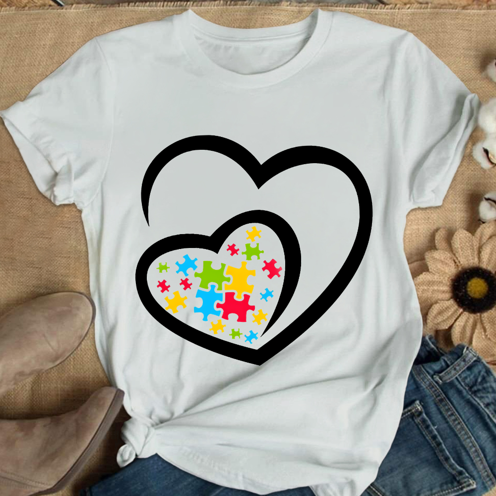 Love Ribbon Heart Puzzle Autism Awareness Cotton Nurse T-shirt