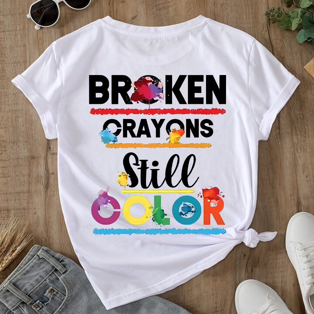 Depression Awareness Broken Crayons Still Color Double-Sided Cotton Printed T-Shirt