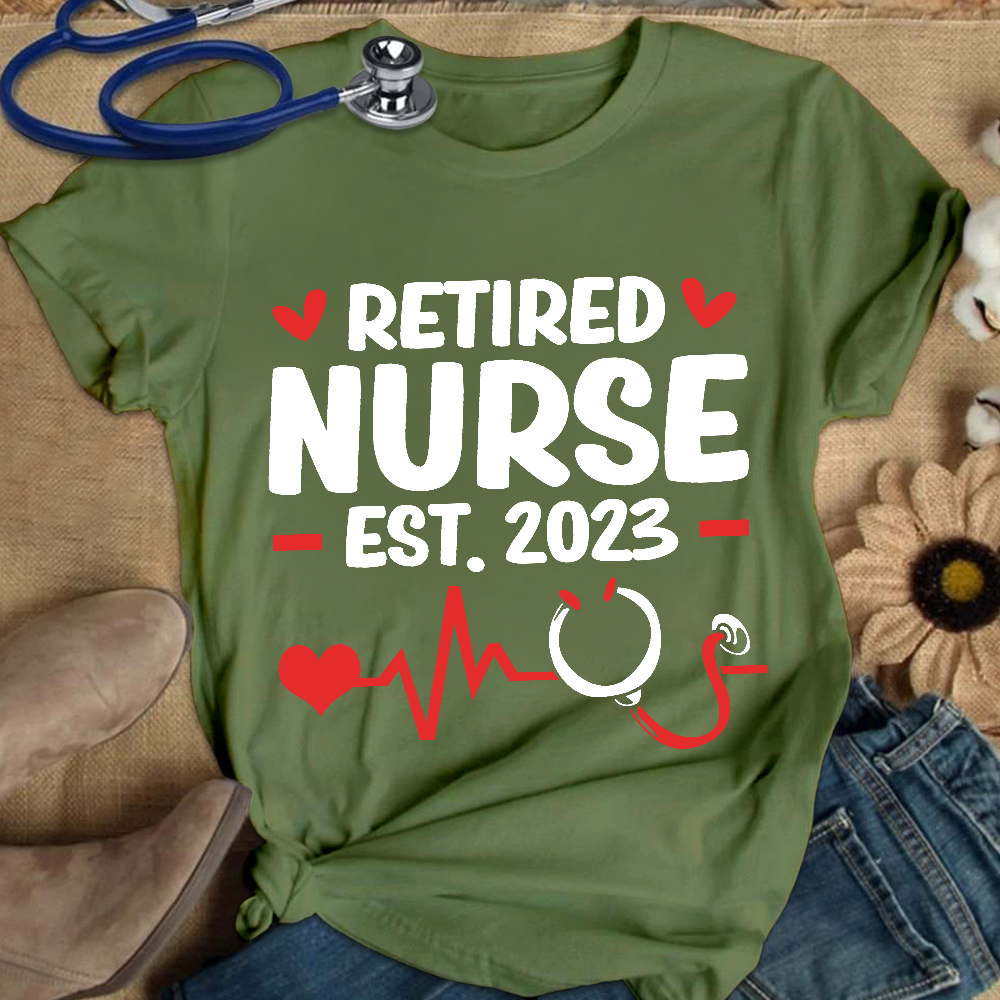 Personalized Nurse Stethoscope Heartbeat Retired 2023 Cotton Nurse T-shirt