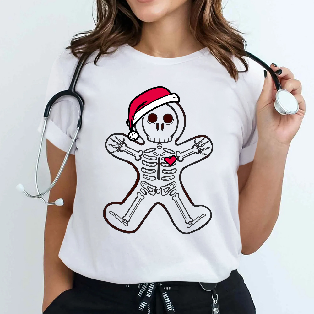 Christmas Gingerbread Man X-Ray Cookie Skeleton Wearing A Santa Hat Classic Cotton Nurse T-shirt