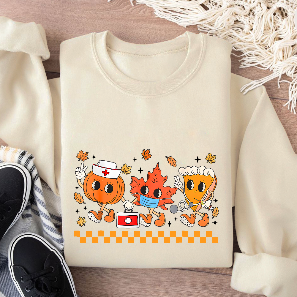 Nurse Pumpkin Leaves Fall Thanksgiving Cotton Pullover Sweatshirt