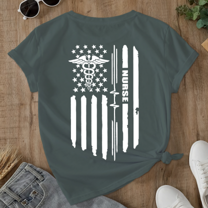 Rn Registered Nursing Nurse Healthcare Ekg Flag Double-Sided Cotton Printed T-Shirt