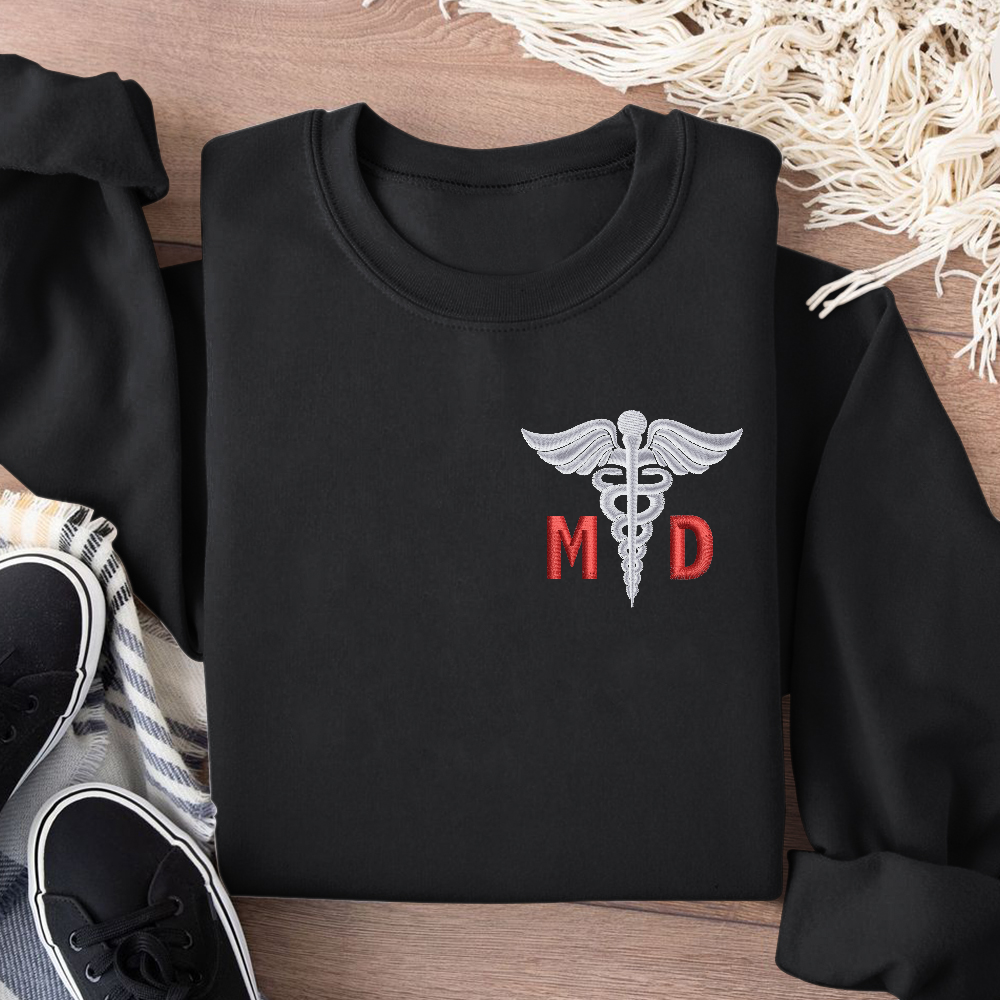 Personalized Doctor of Medicine Medical Symbol Embroidered Crew Neck Sweatshirt